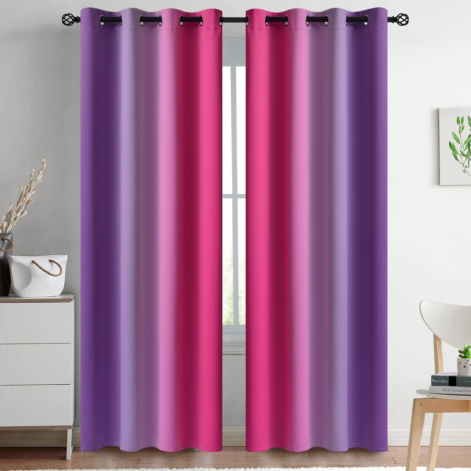 Yakamok Ombre Pink and Purple Curtains for Bedroom, Gradient Room Darkening Curtains, Grommet Thermal Insulated Light Blocking Window Drape…