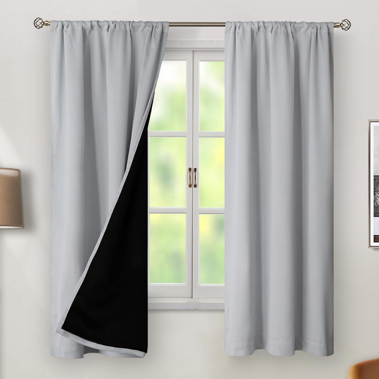 BGment Light Grey 100% Blackout Curtains 63 Inches Long with Thermal Insulated Liner, Rod Pocket and Back Tab Double Layer Full Room…