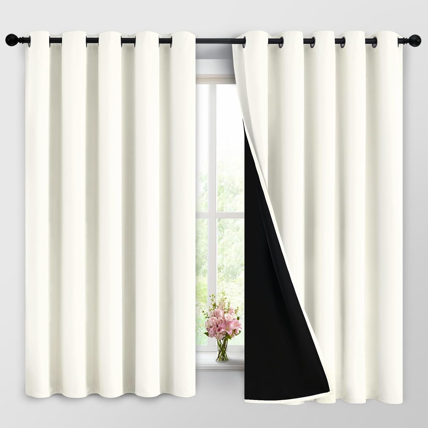 Yakamok 100% Cream Blackout Curtains for Bedroom, Light Blocking Thermal Insulated Noise Reducing Blackout Drapes for Living Room(62Wx63L,…