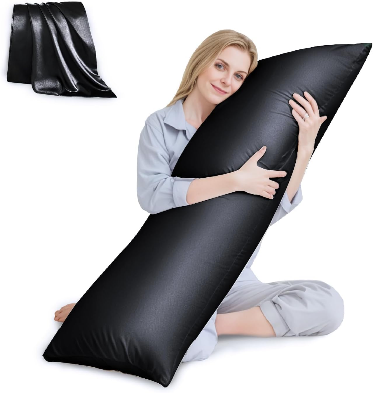 Huxmeyson Body Pillow with Satin Pillowcase, Body Pillow for Adults, Removable Cover, Black (20"x54") Black