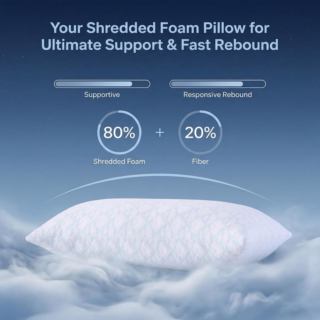 Meoflaw Adjustable Memory Foam Bed Pillows:Queen Size Shredded Foam Pillow Set of 2 for Sleeping with Removable & Washable Pillowcase for B…