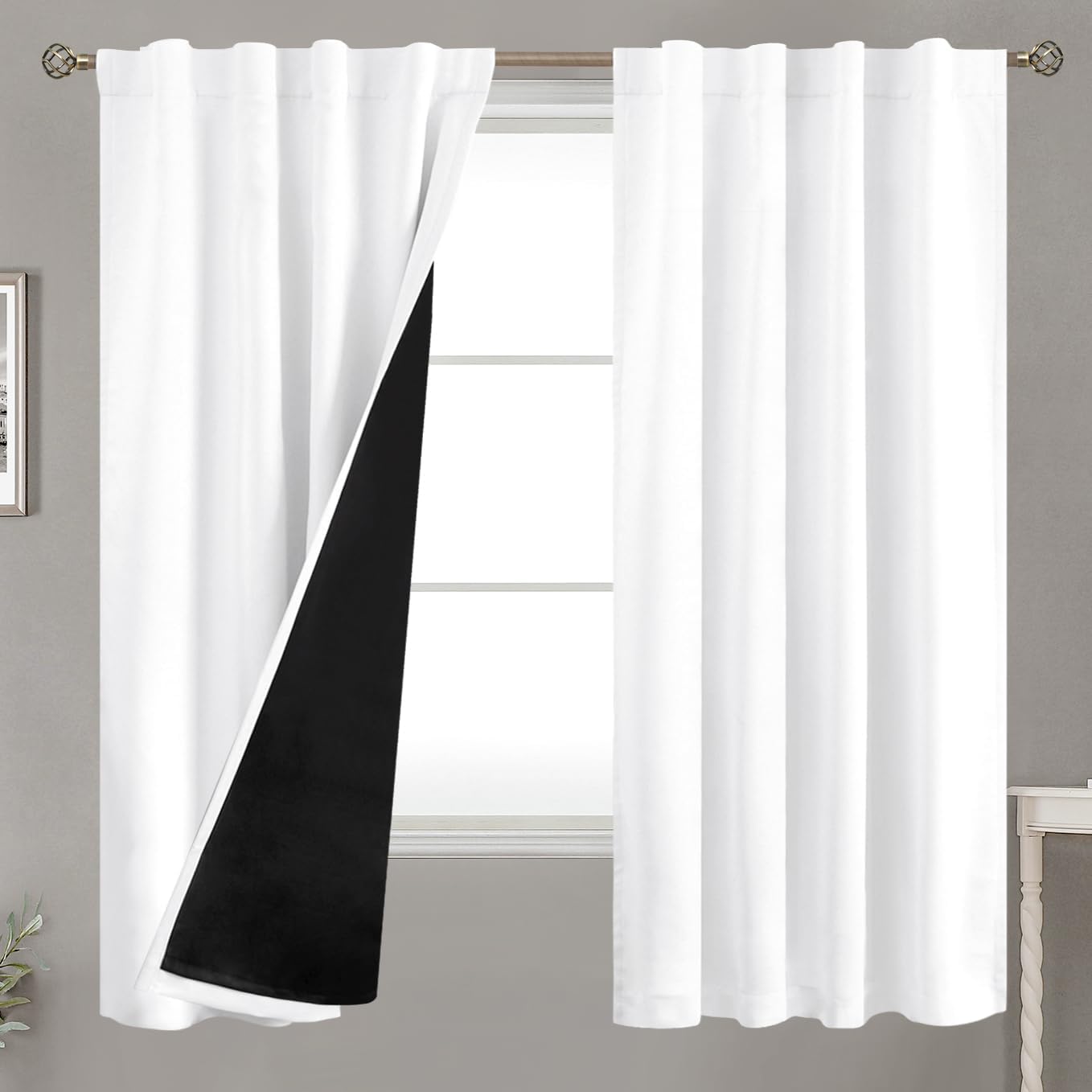 BGment Pure White 100% Blackout Curtains 63 Inches Long with Thermal Insulated Liner, Rod Pocket and Back Tab Double Layer Full Room…