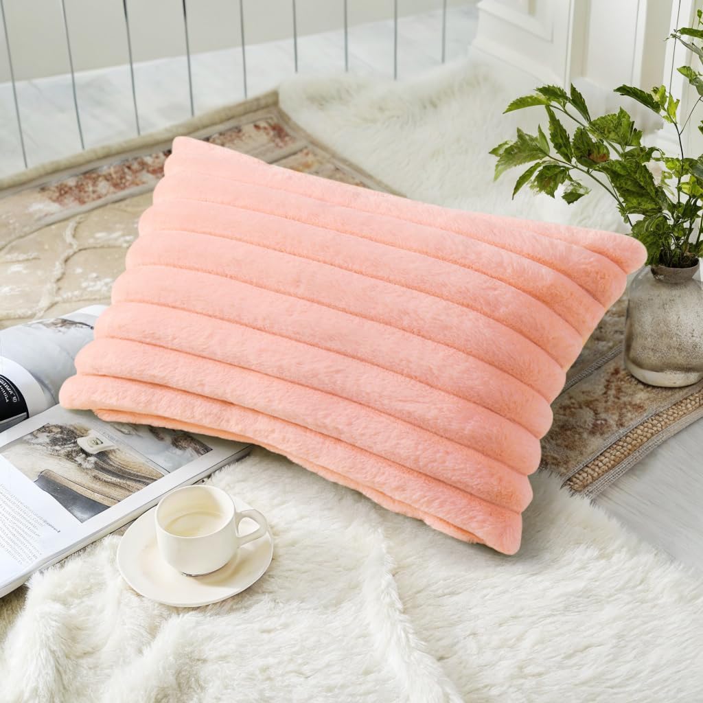 decorUhome Summer Cozy Faux Fur Throw Pillow Covers 12x20 Set of 2 Decorative Plush Striped Lumbar Modern Farmhouse Boho Couch Pillow Cases…