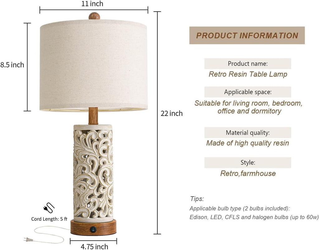 Oyears 22'' Table Lamp Set of 2 for Living Room, Farmhouse Lamp for for Bedroom, Vintage Retro Bedside Lamps with USB Ports Linen Shade for H…