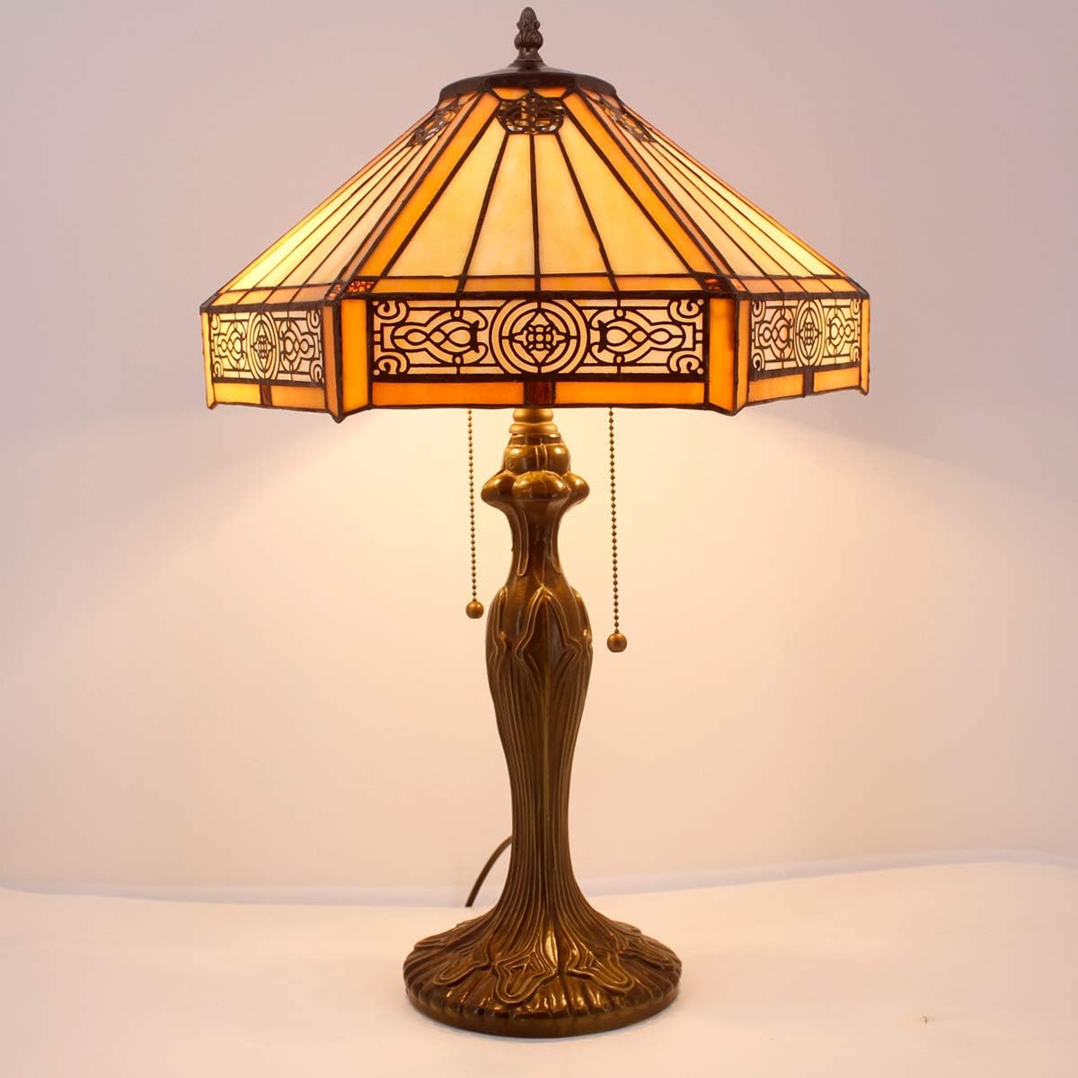 WERFACTORY Tiffany Table Lamp Yellow Hexagon Stained Glass Bedside Lamp Mission 16X16X24 Inches Desk Reading Light Metal Base Decor…