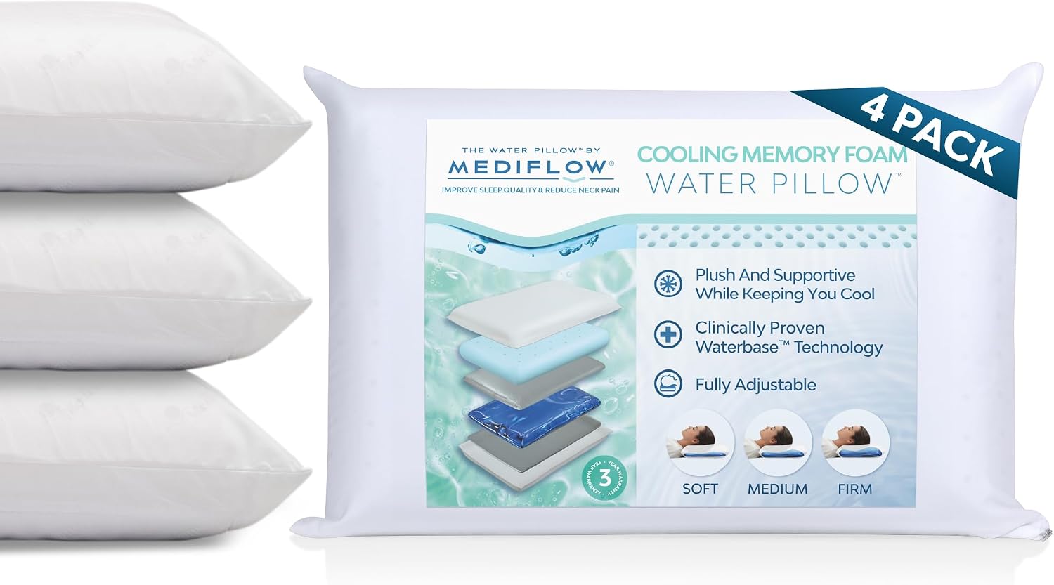TheWaterPillowbyMediflow Mediflow Cooling Gel Memory Foam Water Pillow - Adjustable Pillow for Neck, Pillow for Side, Back, and Stomach Sl…