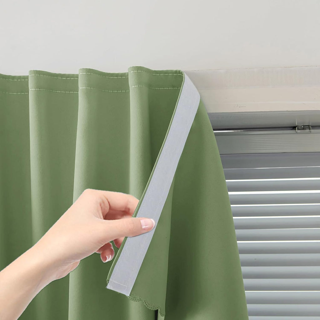 Magic Tape Blackout Curtains for Bedroom No Drillng Self Adhesive Curtains No Rod Small Window, 35" W X 79" L, Sage Green, 1 Panel