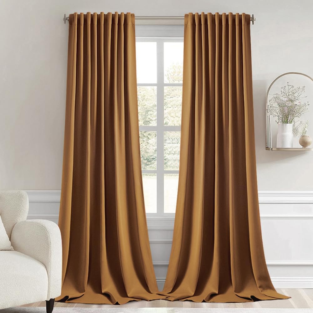 Miulee Golden Brown Back Tab Blackout Curtain 96 Inch Long 2 Panels Set for Bedroom, Rod Pocket/Pinch Pleat Thermal Insulated Living Room D…
