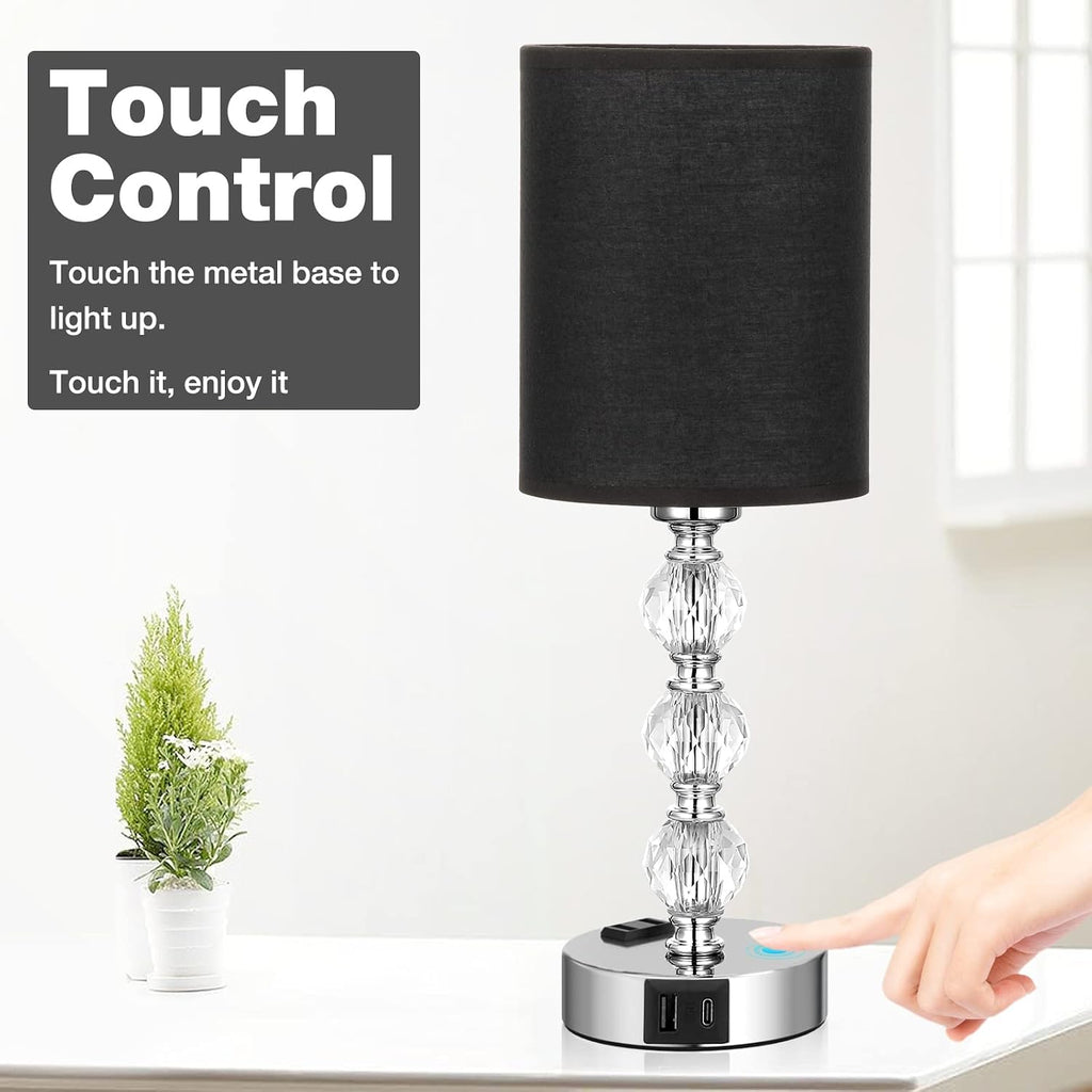 Black Touch Bedside Lamps for Bedrooms - Crystal Table Lamp with USB C+A Charging Port and AC Outlet Nightstand, 3 Way Dimmable Silver…