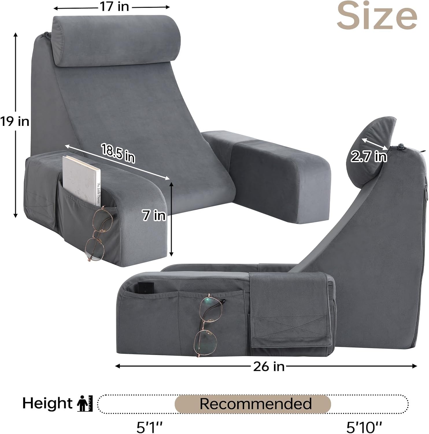 ENITYA Back Pillow for Bed Sitting Up, Reading Pillow with Armrests & Big Pockets for Adults, Upright Pillow for Resting, Watching…