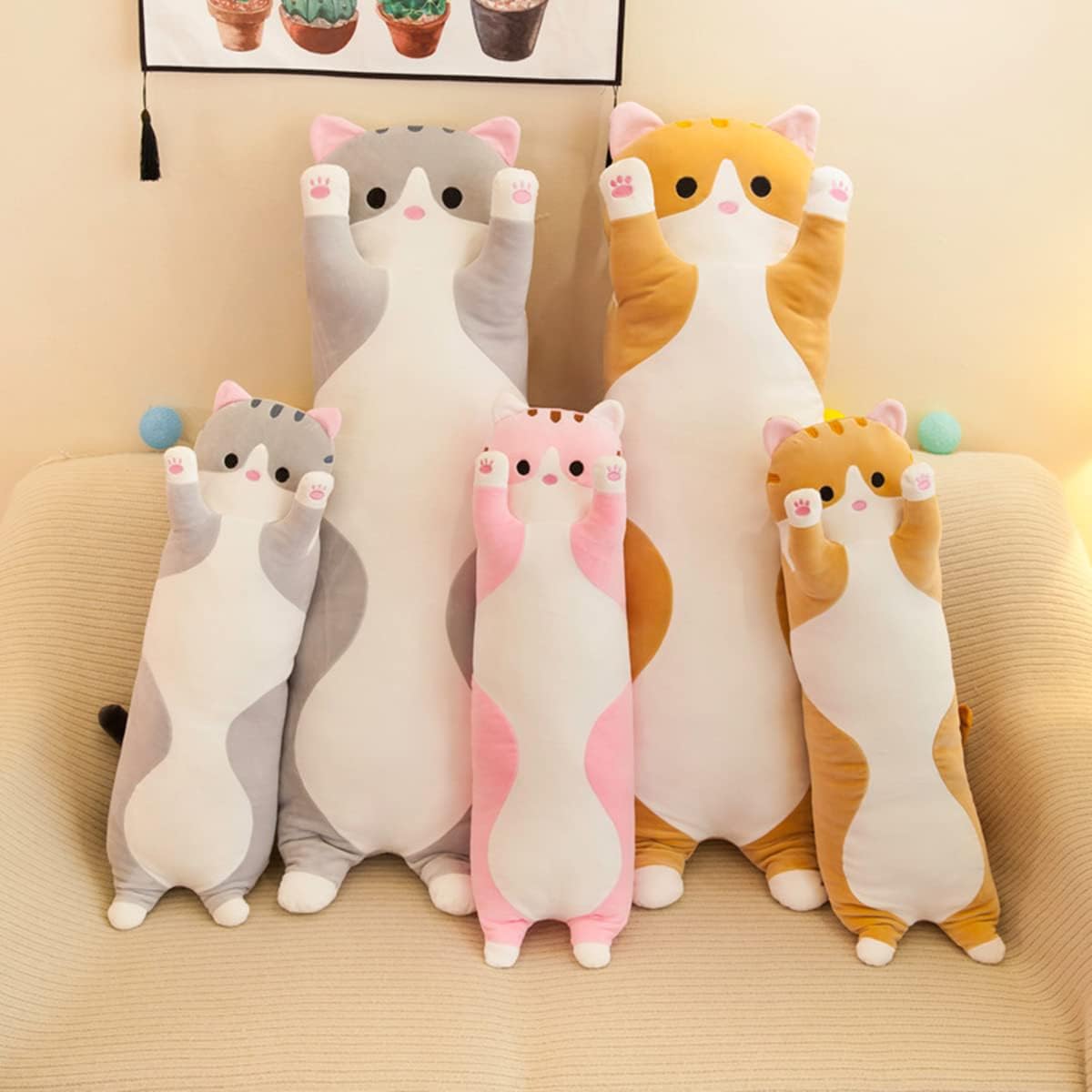 Rexinc Long Pink Cat Plush Pillow Toy Sleeping Pillow Cute Cartoon Cat Stuffed Animals Soft Long Body Pillow Gift for Kids(35.43in)