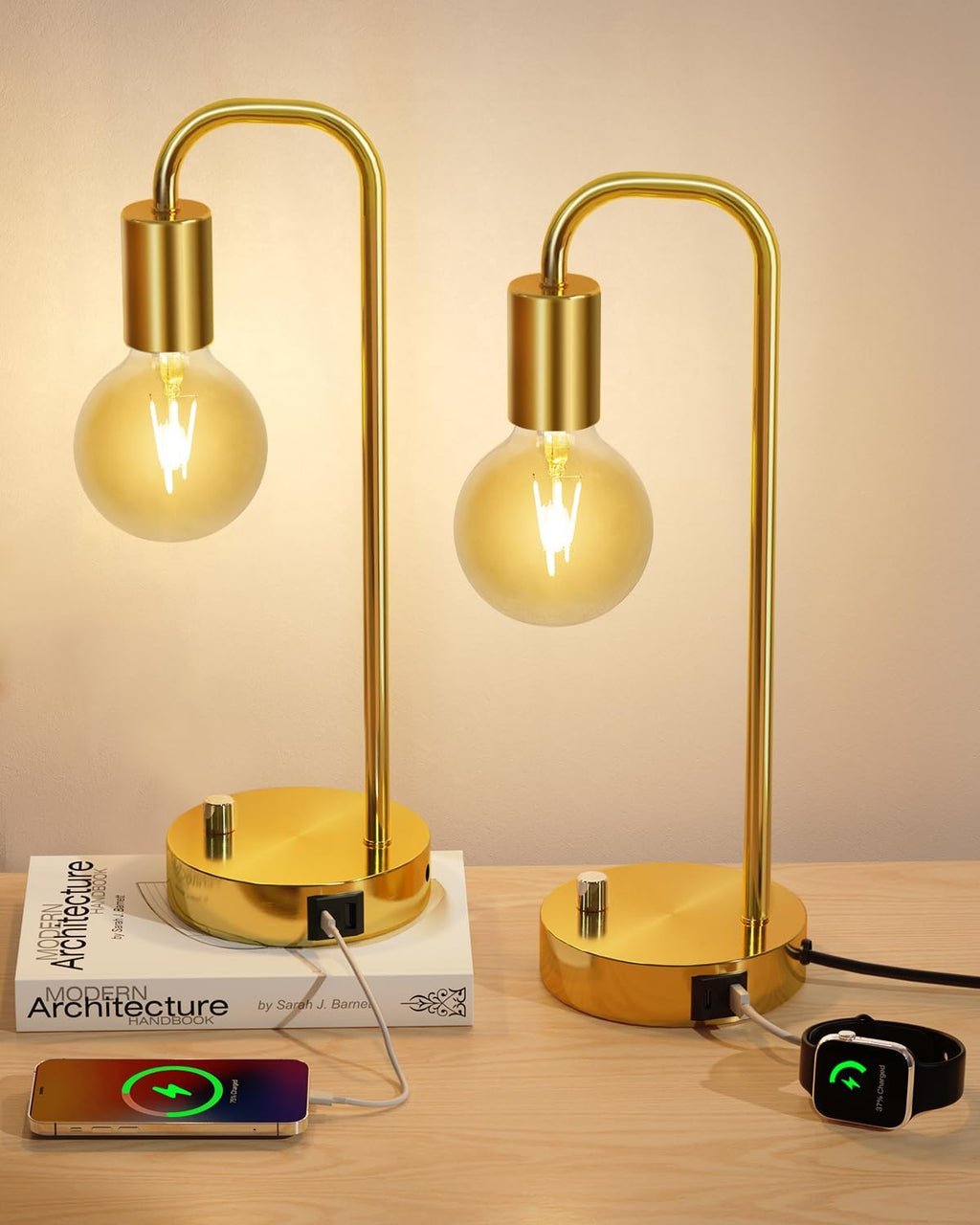 ONEWISH Industrial Table Lamp Set of 2 with USB A&C Charging Port, Stepless Dimmable Nightstand Bedside Lamps for Bedroom, Desk Lamps with…
