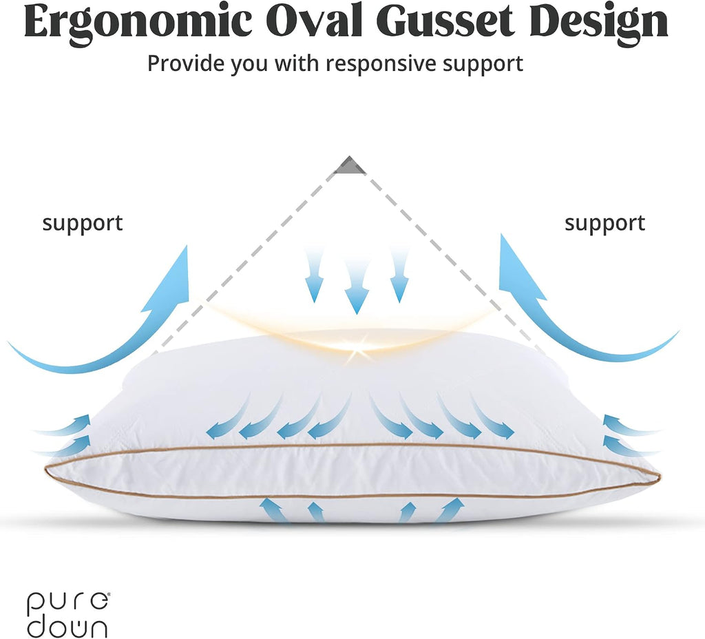 puredown® Natural Goose Down Feather Pillows for Sleeping Oval Gusseted Down Feather Pillow 100% Cotton Pillow Cover with Leaf Quilting…
