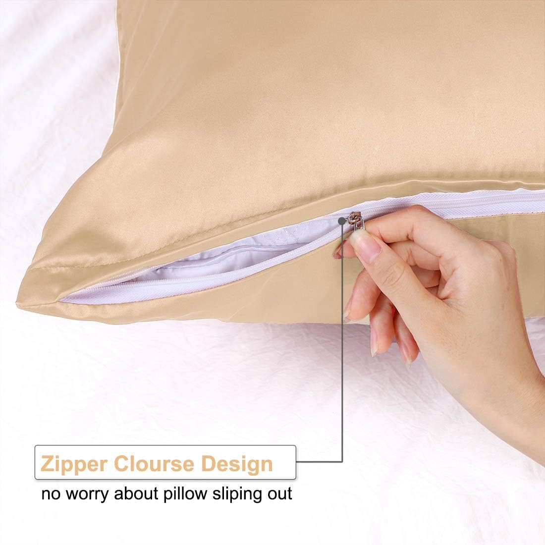 uxcell Standard Satin Pillowcase with Zipper, Super Soft and Luxury, Silky Pillow Cases Covers Set of 2, 21"x27", Champagne