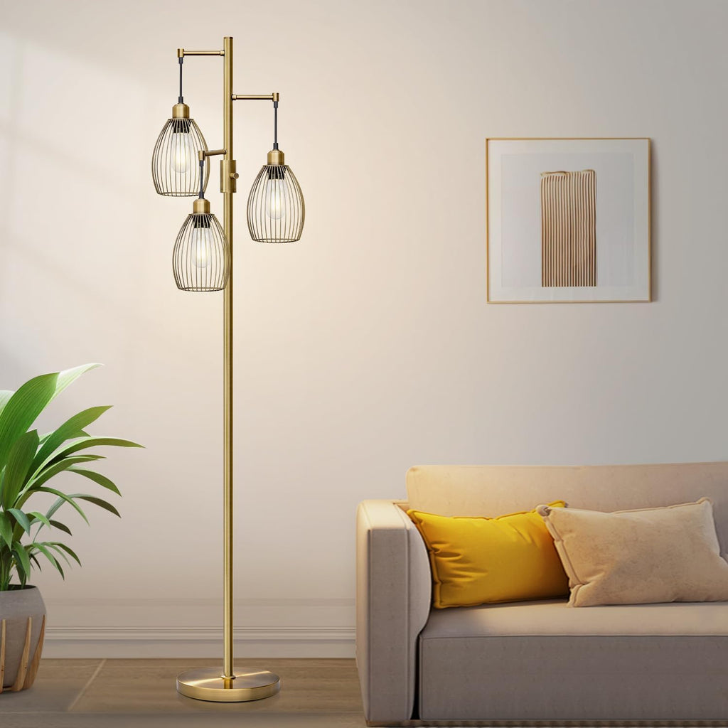 Dimmable Floor Lamp, 3 x 800LM LED Edison Bulbs Included, Farmhouse Industrial Floor Lamp Standing Tree Lamp with Elegant Teardrop Cage…