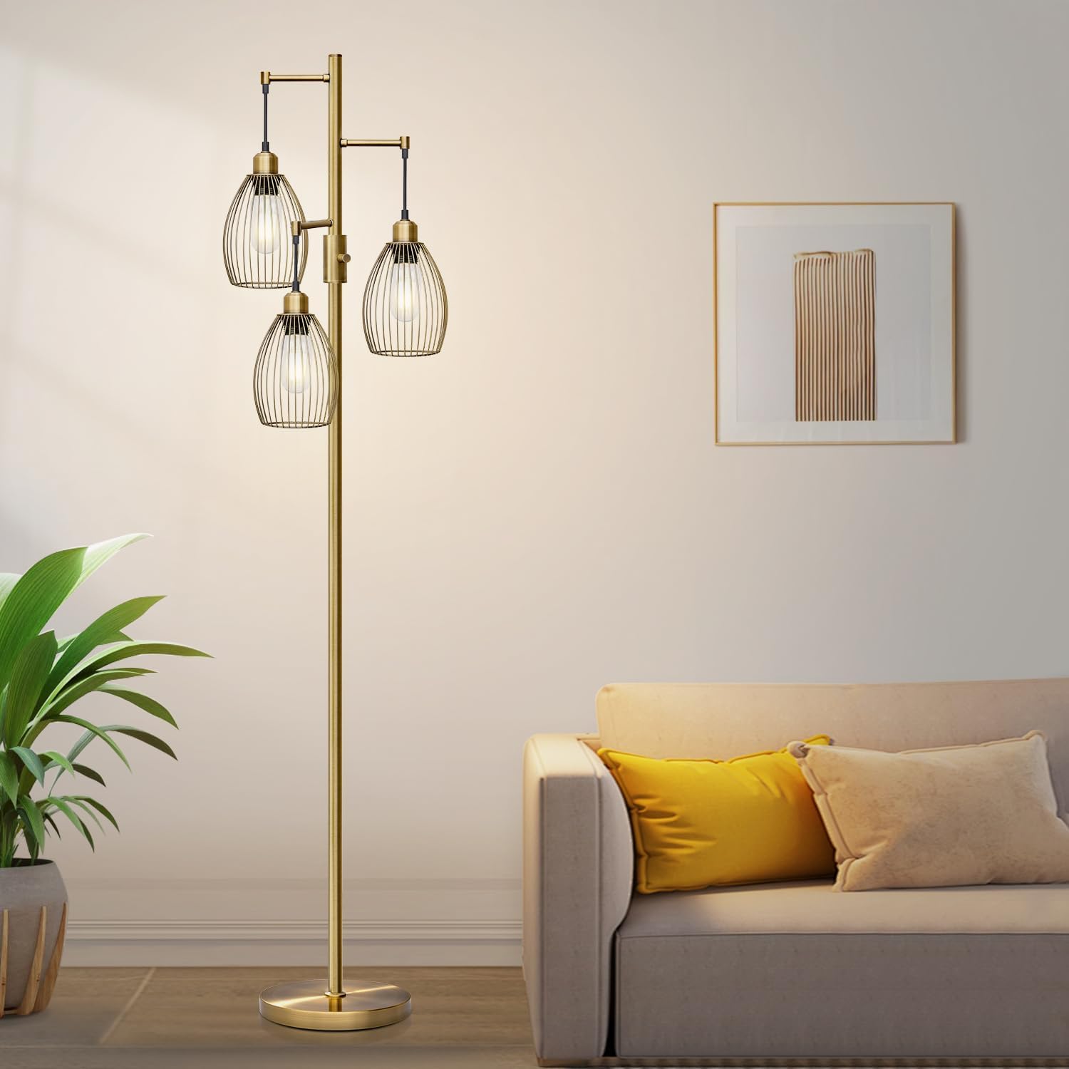 Dimmable Floor Lamp, 3 x 800LM LED Edison Bulbs Included, Farmhouse Industrial Floor Lamp Standing Tree Lamp with Elegant Teardrop Cage…