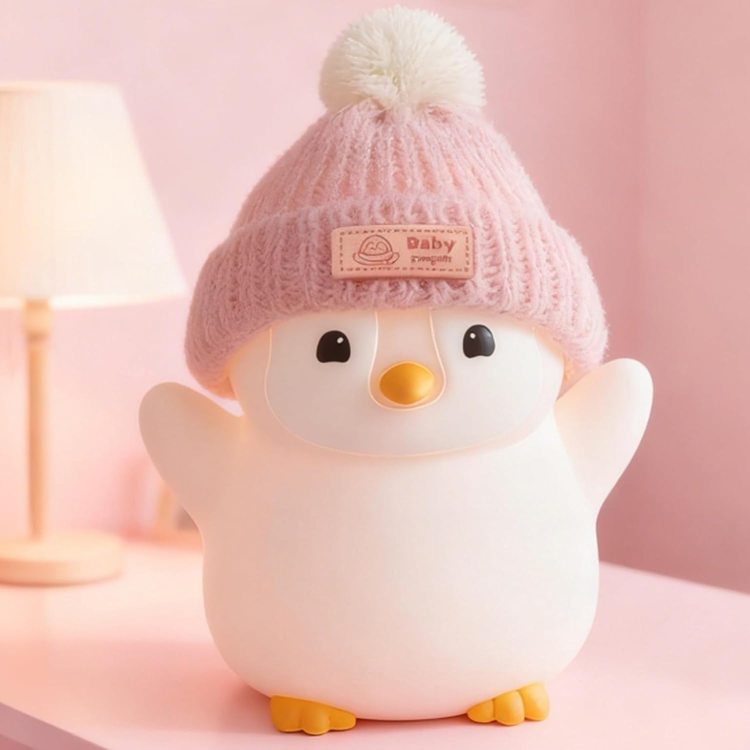 FAMIDUO-BrightenYourLife FAMIDUO Penguin Night Light, Cute Pink Penguin Lamp with Knit Hat, Soft Silicone Nursery Nightlight for Baby, Rech…