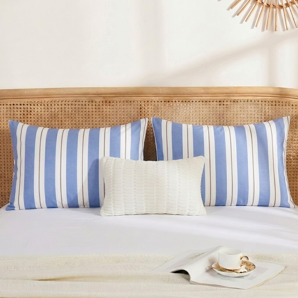 Merryword Blue and White Striped Pillowcases, Standard Size Pillowcases, 100% Cotton Pillow Cases, Soft Breathable Wide Stripes Pillow Cove…