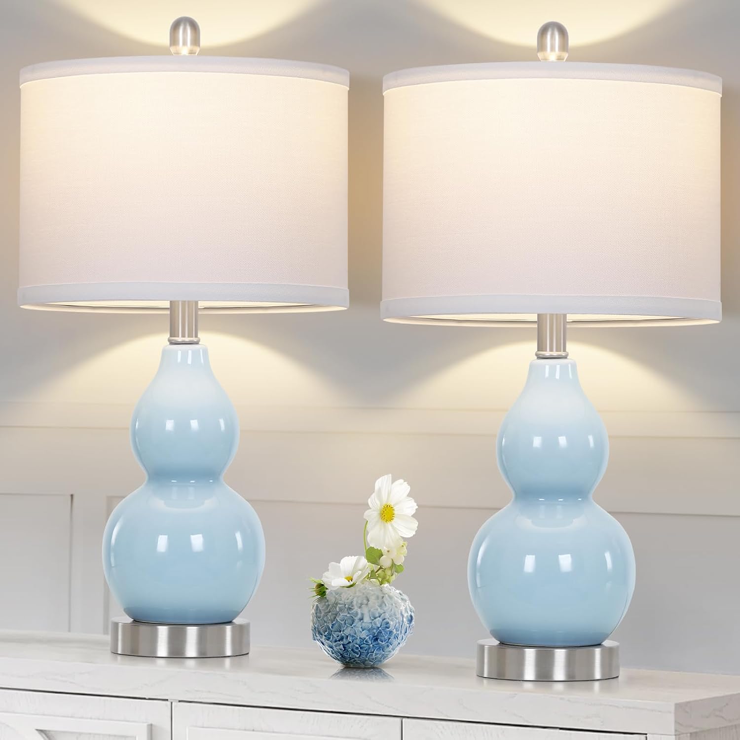 Rinweey Double Gourd Ceramic Table Lamps Set of 2, Modern Blue Bedside Lamps for Night Stand, Contemporary Nightstand Lamps for Bedroom…