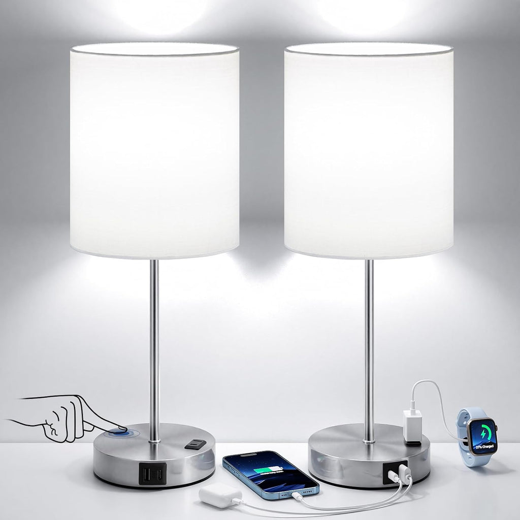 Fenmzeelighting White Touch Lamps for Nightstand Set of 2 - Bedside Table Lamp for Bedroom with Dual USB Ports & AC Outlet, 3-Way Dimmable…