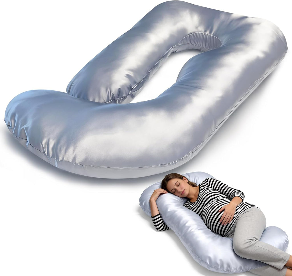 JZHLLA Maternity Pillow Cover, Silky Satin Fabric Removable & Washable U-Shaped Smooth Pregnancy Pillow Cover with Hidden Zip(Grey,1 PCS)