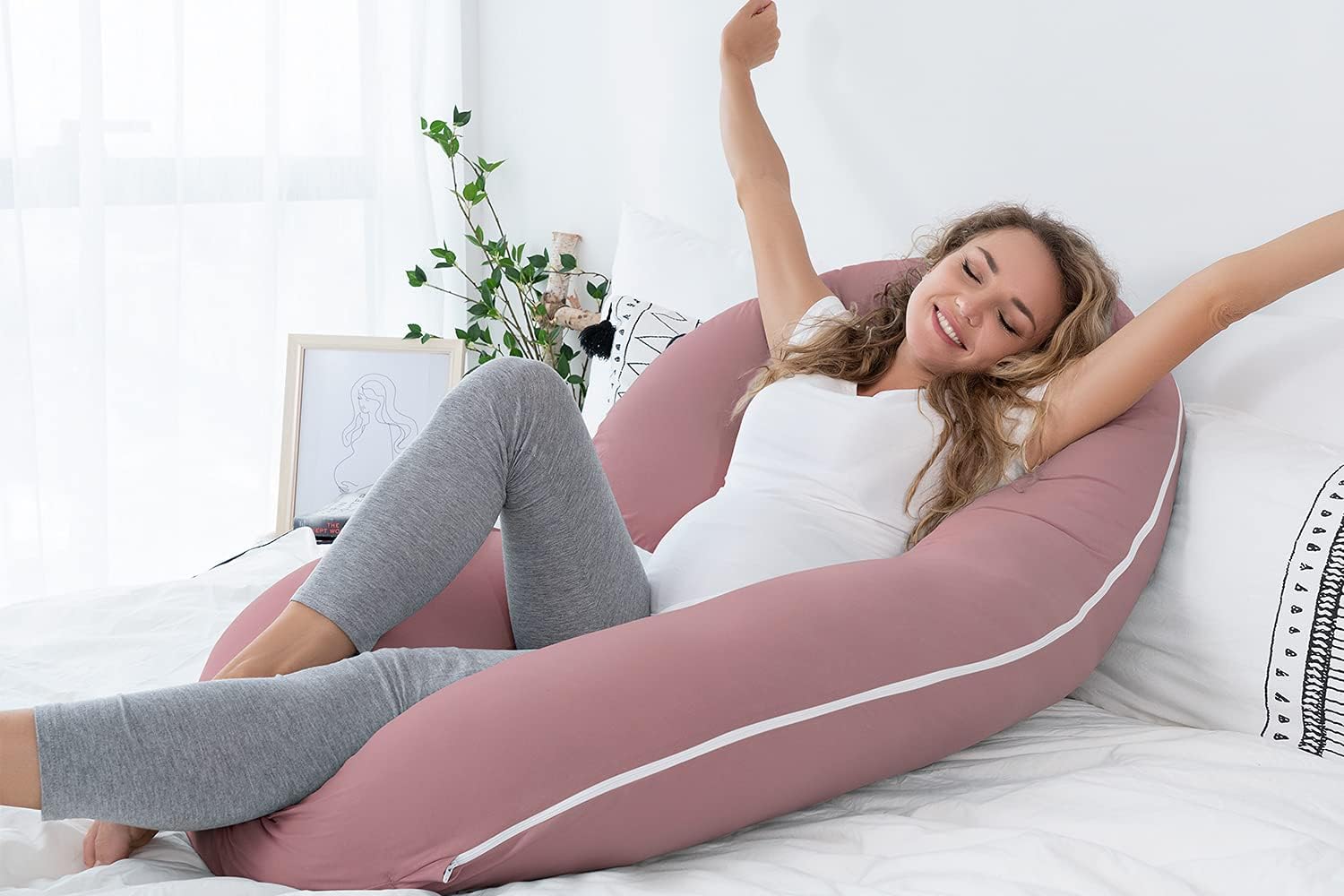 INSEN Cooling Pregnancy Pillow, Maternity Pillow with Soft Cotton Cover, C Shaped for Pregnant Sleeping, Dark Pink
