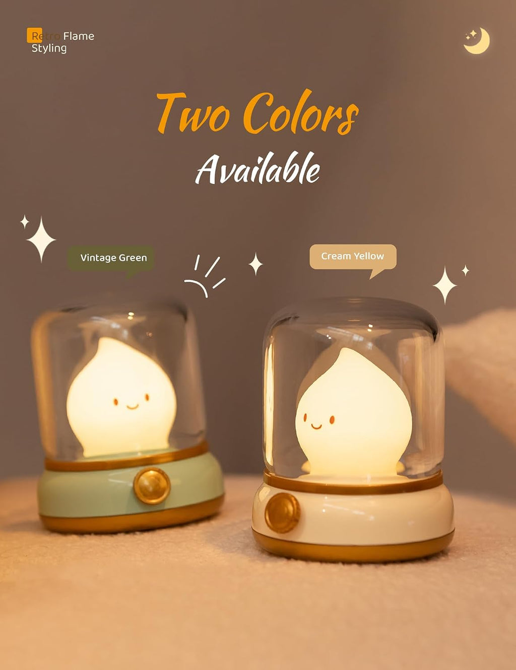 WANIDEA Cute Chibi Flame Lamp, Anime Cozy Lights, Retro Rechargeable Night Light, Decor, Cute Desk Accessories, Gifts 2 Pack (Yellow and…