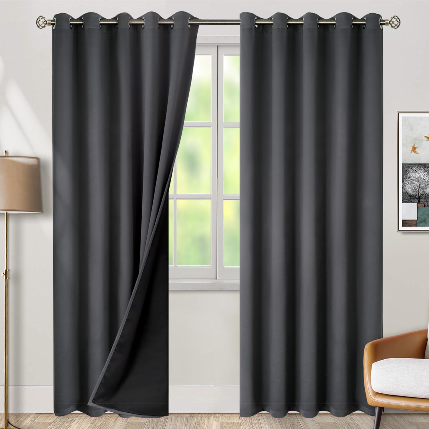 BGment Thermal Insulated 100% Blackout Curtains for Bedroom with Black Liner, Double Layer Full Room Darkening Noise Reducing Grommet Curta…