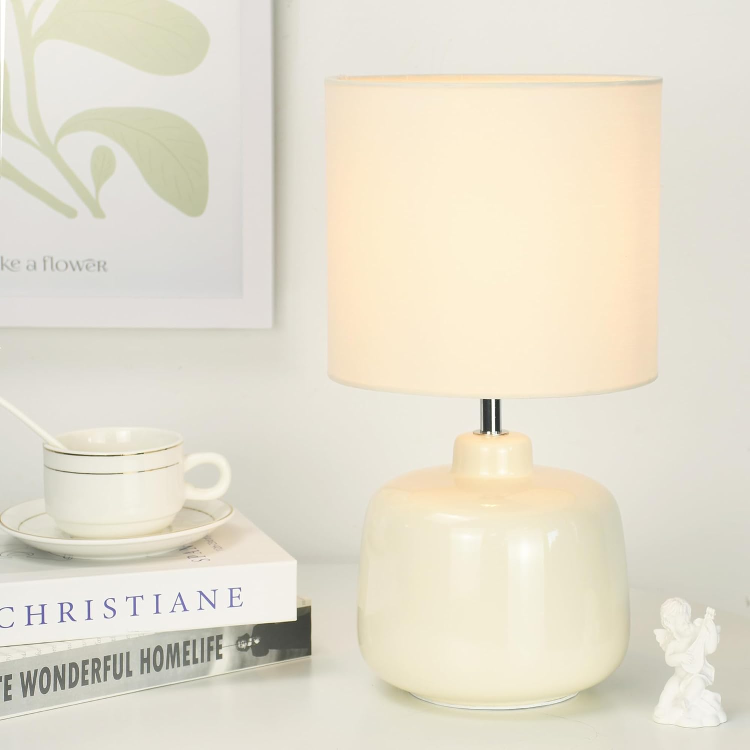 LAMPWELLOSLO Small Ceramic Table Lamp for Living Room and Bedroom, Modern Kids Night Table Lamp, Φ7.09×H13.39IN, Bulb Excluded, Cream