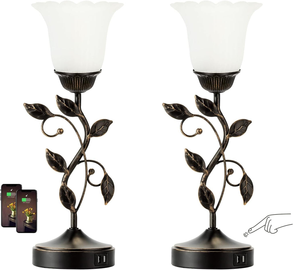 Set of 2 Touch Bedside Vintage Lamps with 2 USB Ports, 3-Way Dimmable Flower Lamps, White Glass Shade Rustic Leaf Lamp for Bedroom Side…