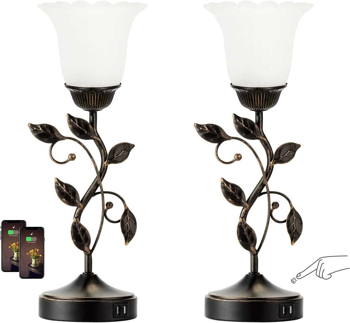 Set of 2 Touch Bedside Vintage Lamps with 2 USB Ports, 3-Way Dimmable Flower Lamps, White Glass Shade Rustic Leaf Lamp for Bedroom Side…