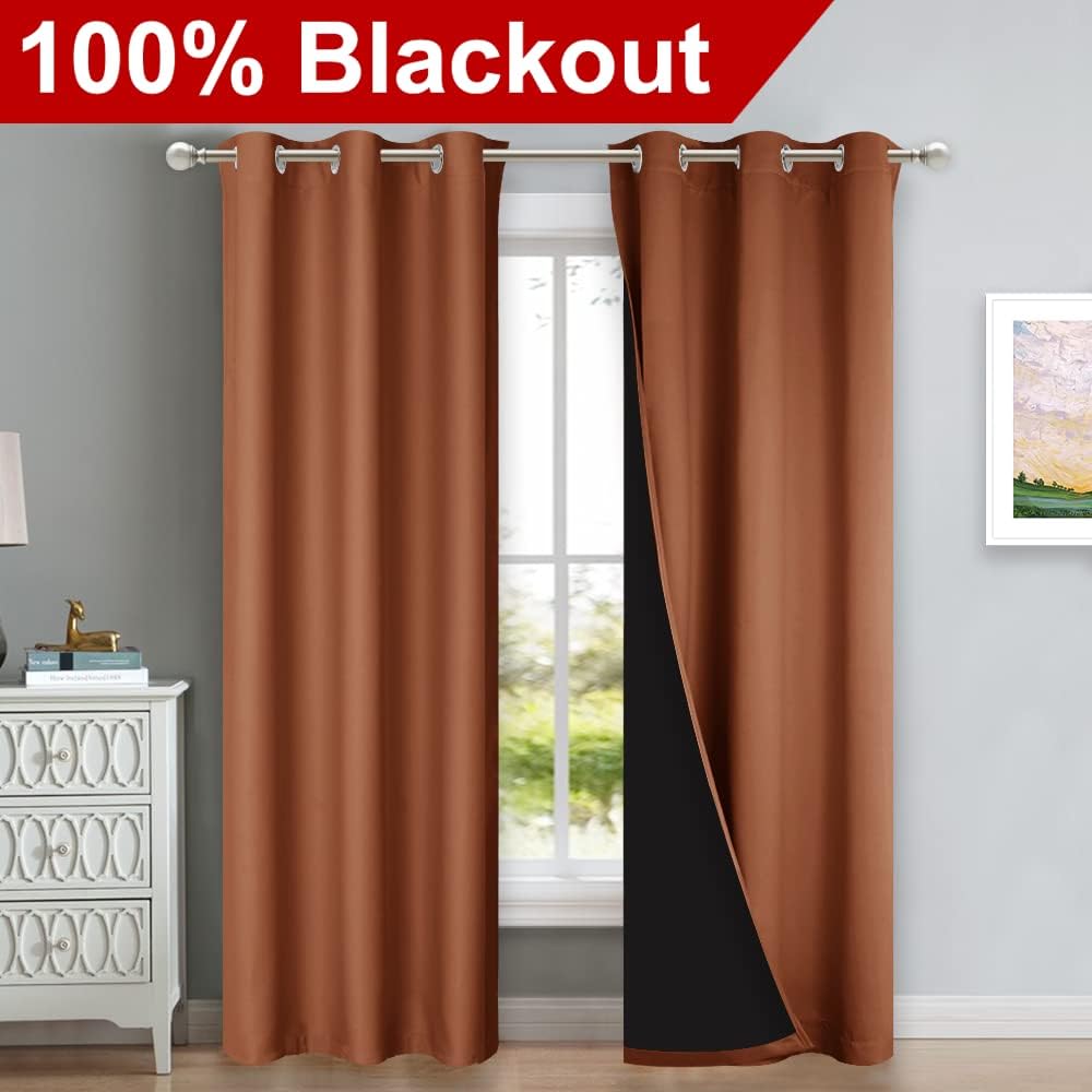 Nicetown Burnt Orange Blackout Curtains 84 inches Long, Full Light Blocking Drapes with Black Liner for Nursery, Thermal Insulated Draperie…