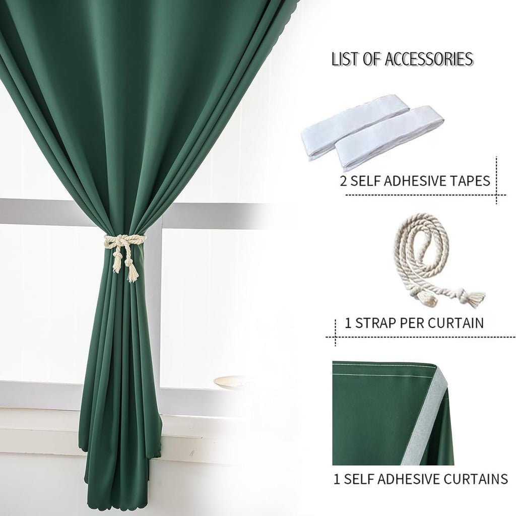 Blackout Curtains for Bedroom Sticky Curtain Blackout Window Cover Self Adhesive Curtains Rod No Drillng, 47" W X 84" L, Dark Green, 1 Panel