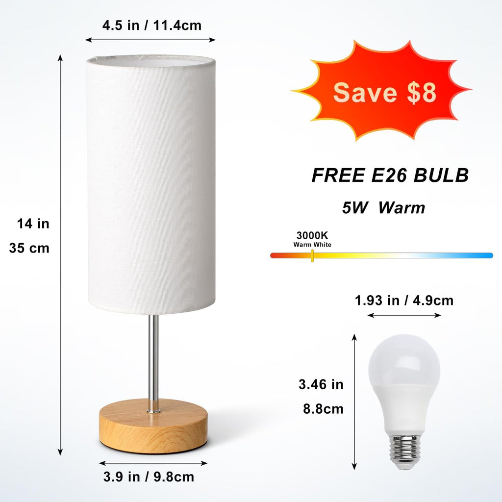 Small Table Lamp for Night Stands, Round White Fabric Shade and Wood Base, Modern Minimalist Bedside Lamps for Bedroom Dresser, Living…