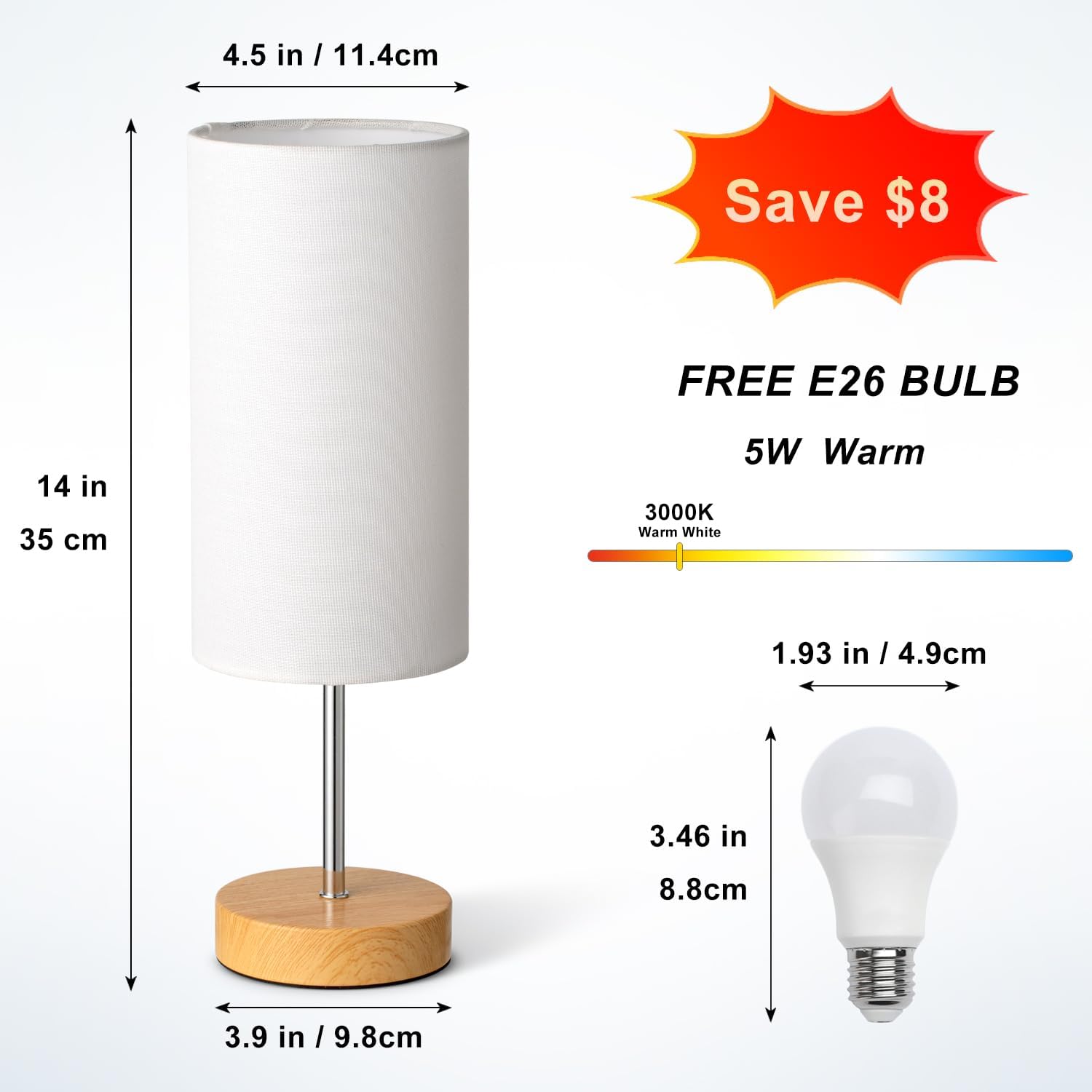 Small Table Lamp for Night Stands, Round White Fabric Shade and Wood Base, Modern Minimalist Bedside Lamps for Bedroom Dresser, Living…