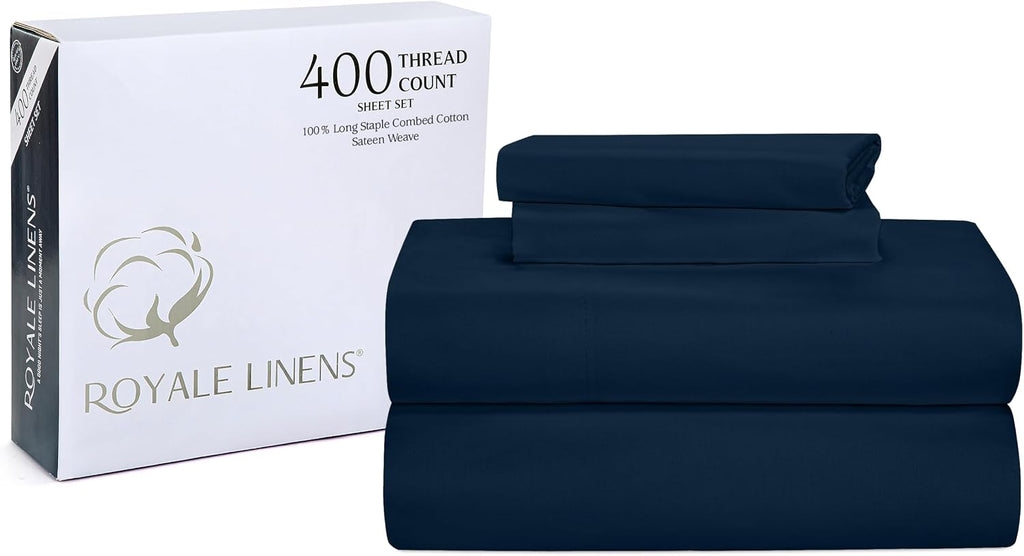Royalelinens ROYALE LINENS 400 Thread Count 100% American Grown Cotton 4 Piece Sateen King Sheet Set - 1 Fitted Sheet, 1 Flat Sheet, 2 Pill…