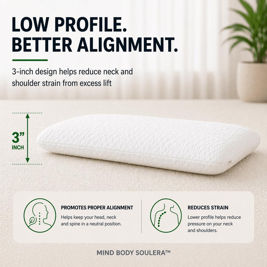 Mind Body Soulera Thin Flat Memory Foam Pillow for Stomach Sleepers, Low Profile Pillow for Back & Side Sleepers, 3-Inch Cooling Gel…