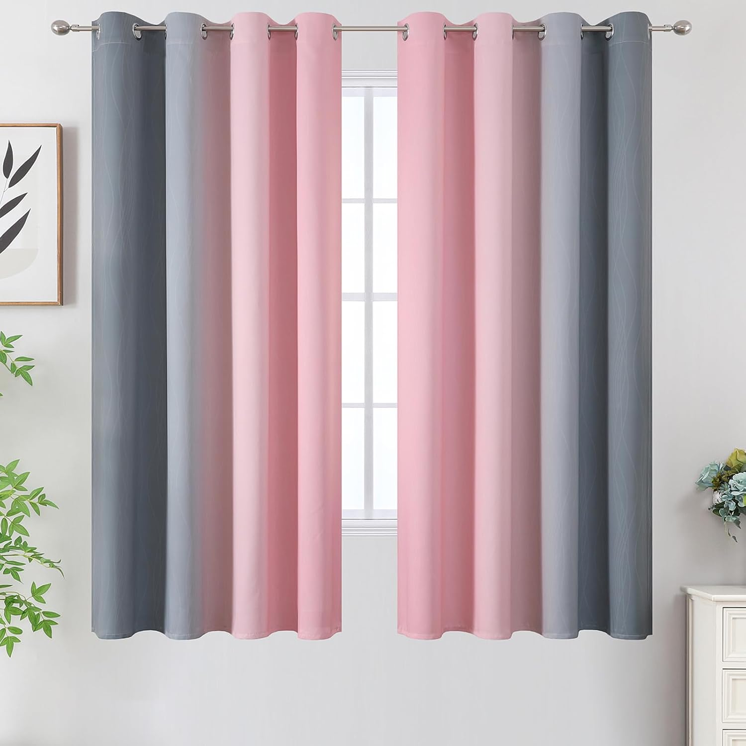 Estelartextiler Estelar Textiler Ombre Gray and Pink Blackout Curtains 63 Inch Length 2 Panels, Full Light Blocking Curtains for Kids Room,…