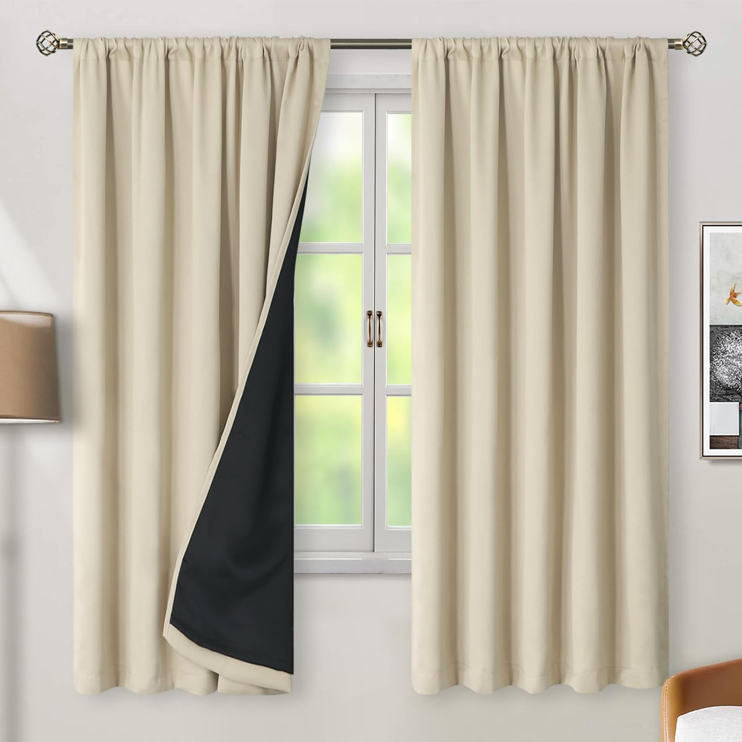 BGment Beige Full Blackout Curtains with Thermal Insulation Liner Curtains 72 Inches Long, Rod Pocket and Back Tab Double Layer Room…