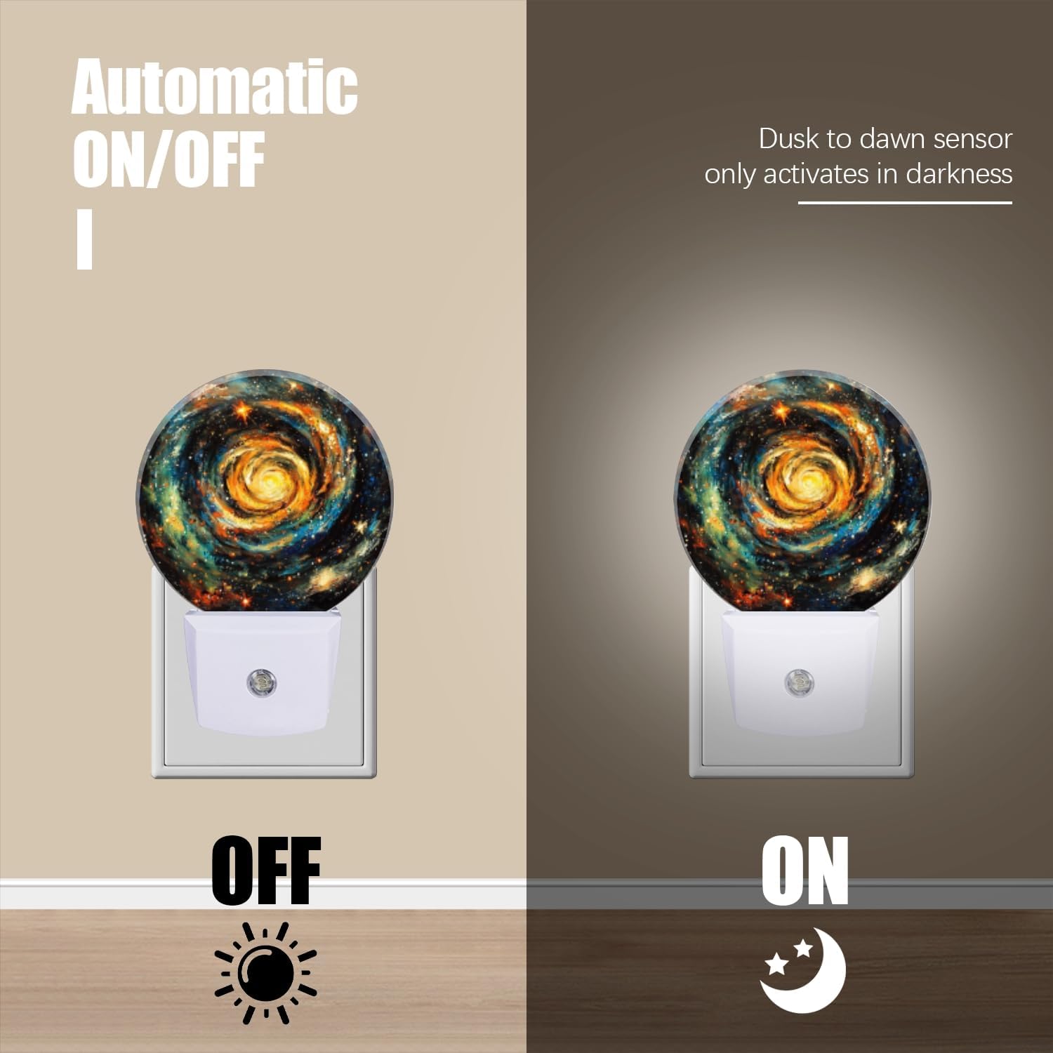 LED Night Lights Lamp with Dusk to Dawn Sensor, Orange-Blue Rotating Galaxies Night Light Plug Into Wall for Kids Room, Bedroom…