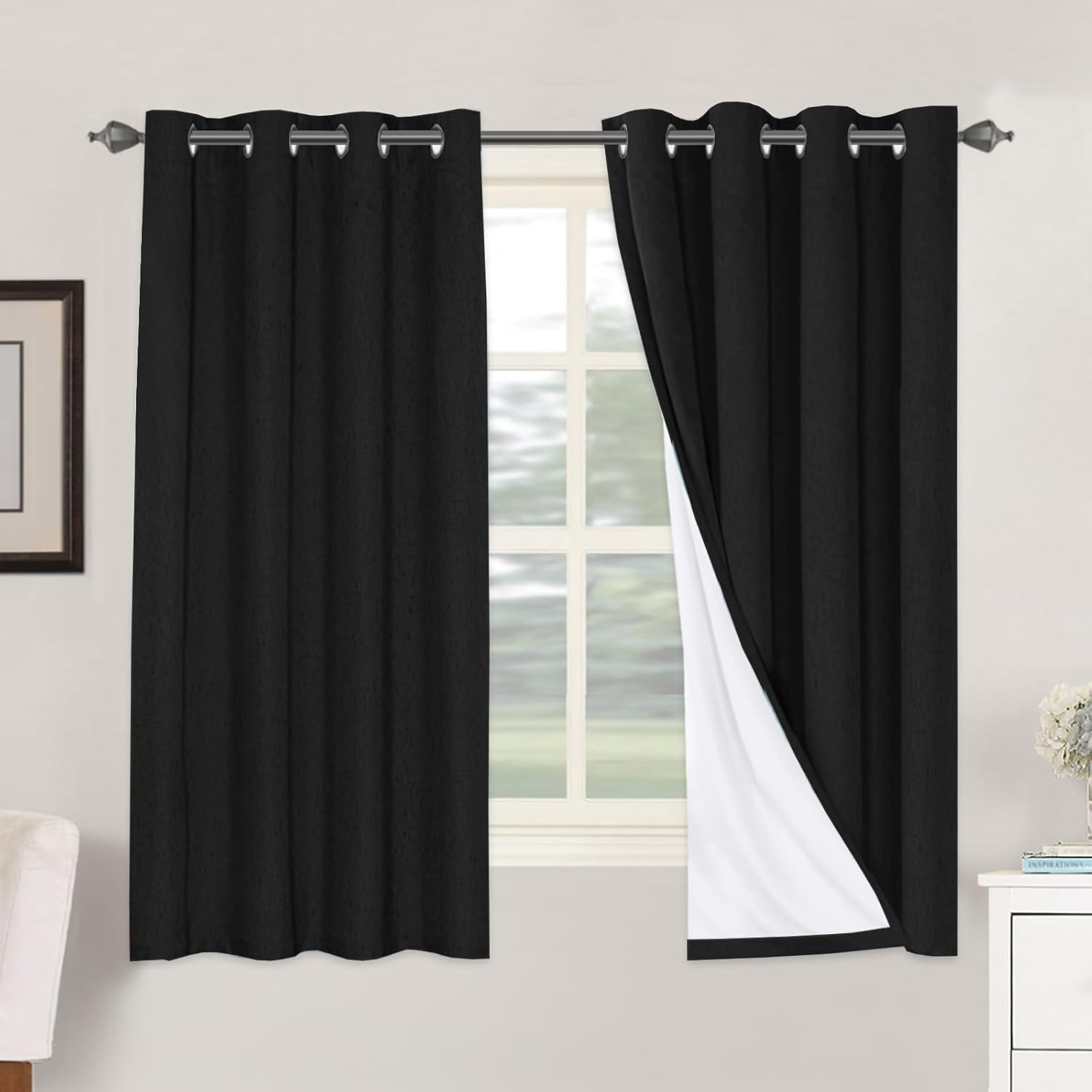 H.VERSAILTEX Linen Blackout Curtains 63 Inches Long 100% Blackout Thermal Insulated Textured Linen Look Curtain Draperies Anti-Rust…