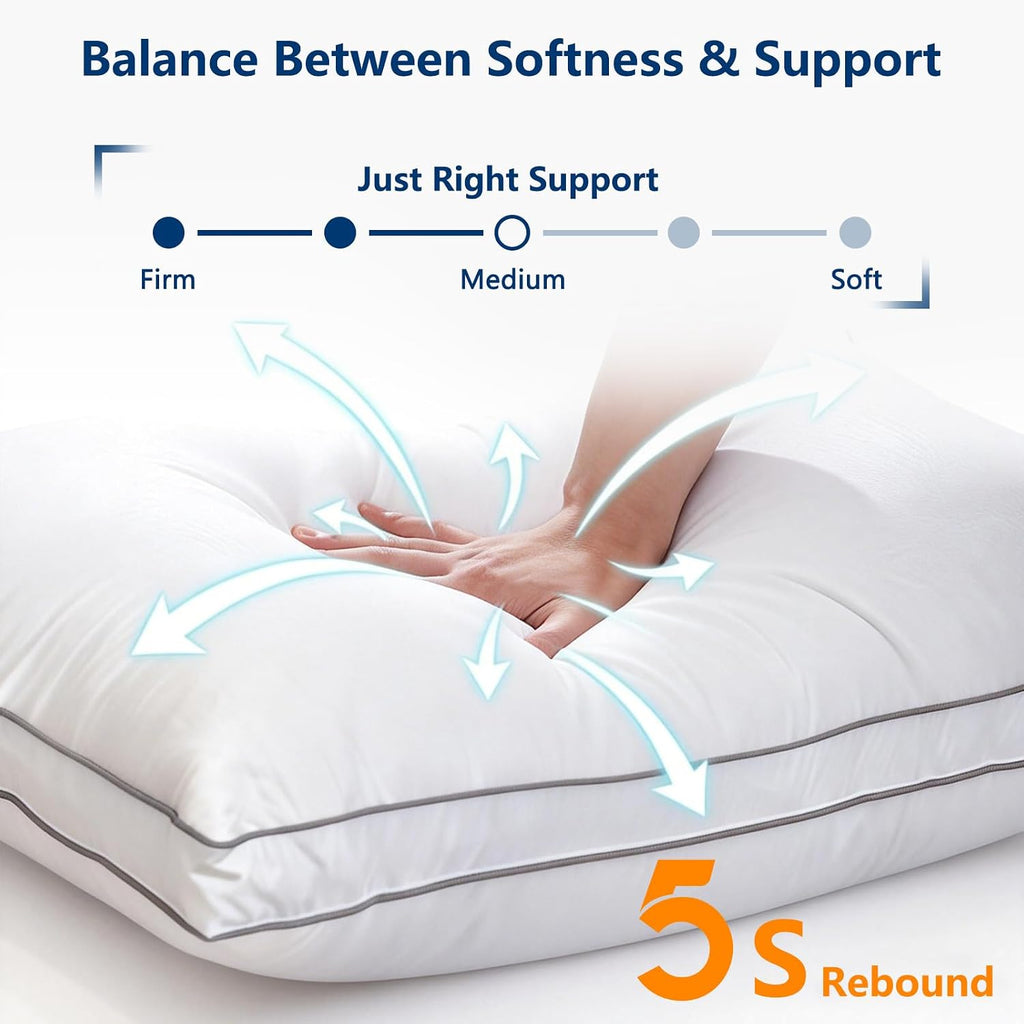 Goose Down Pillow Standard Size - 3-Chamber Gusseted Design for Balanced Neck Support - Luxury Hotel Collection Bed Pillow - Soft Medium…