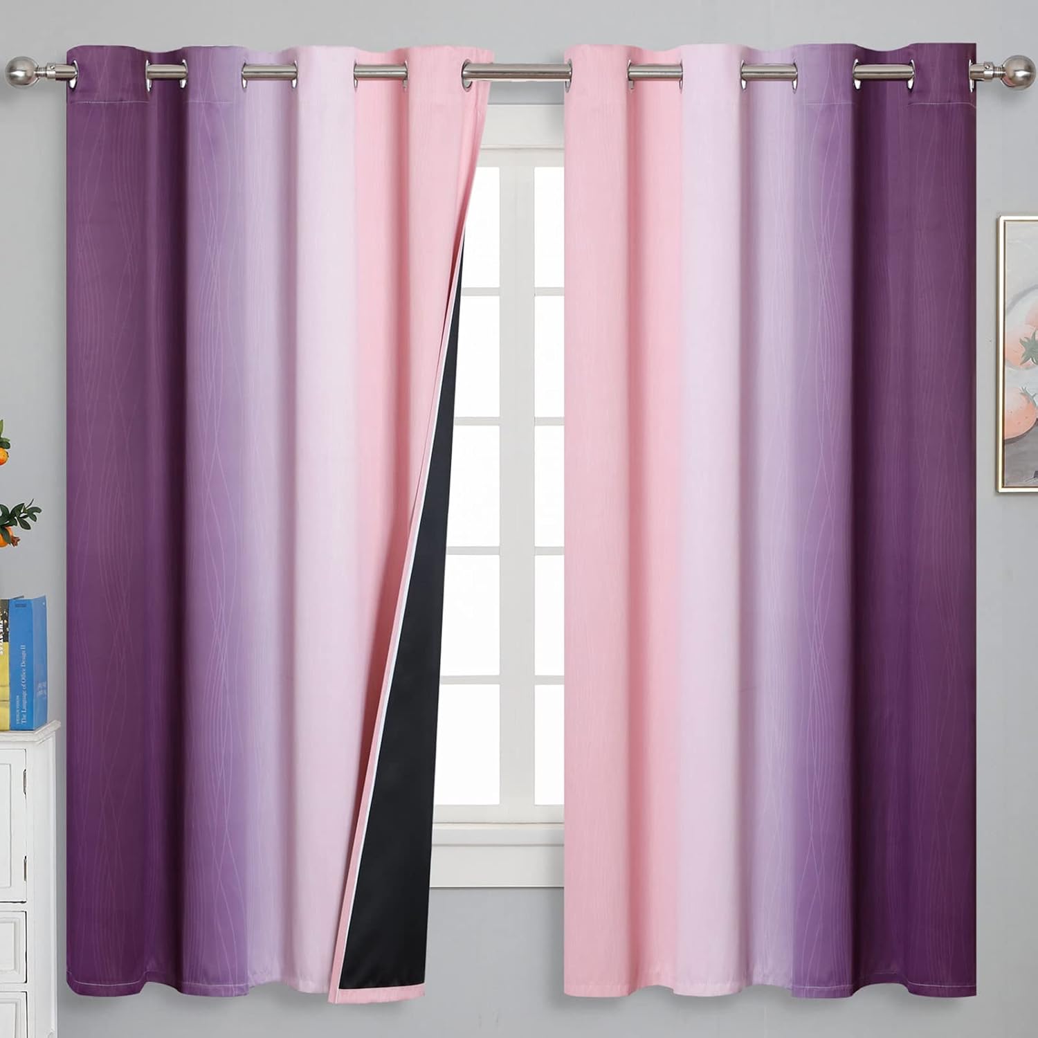 Estelartextiler Pink and Purple Curtains 63 Inch Length 2 panels, Full Light Blocking Ombre Blackout Curtains for Kids Room, Thermal Insula…