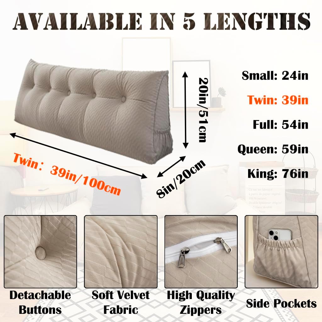 KCTVUIWS Triangular Headboard Pillow with Removable Cover & Side Pockets, Twin Bed Wedge Pillow for Headboard, Daybed Sitting Backre…