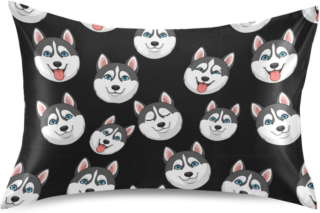 Cartoon Husky Dark Pillow Covers Silk Pillowcase for Hair and Skin Breathable Silky Soft Satin Pillowcase Standard Size Pillow Case for…