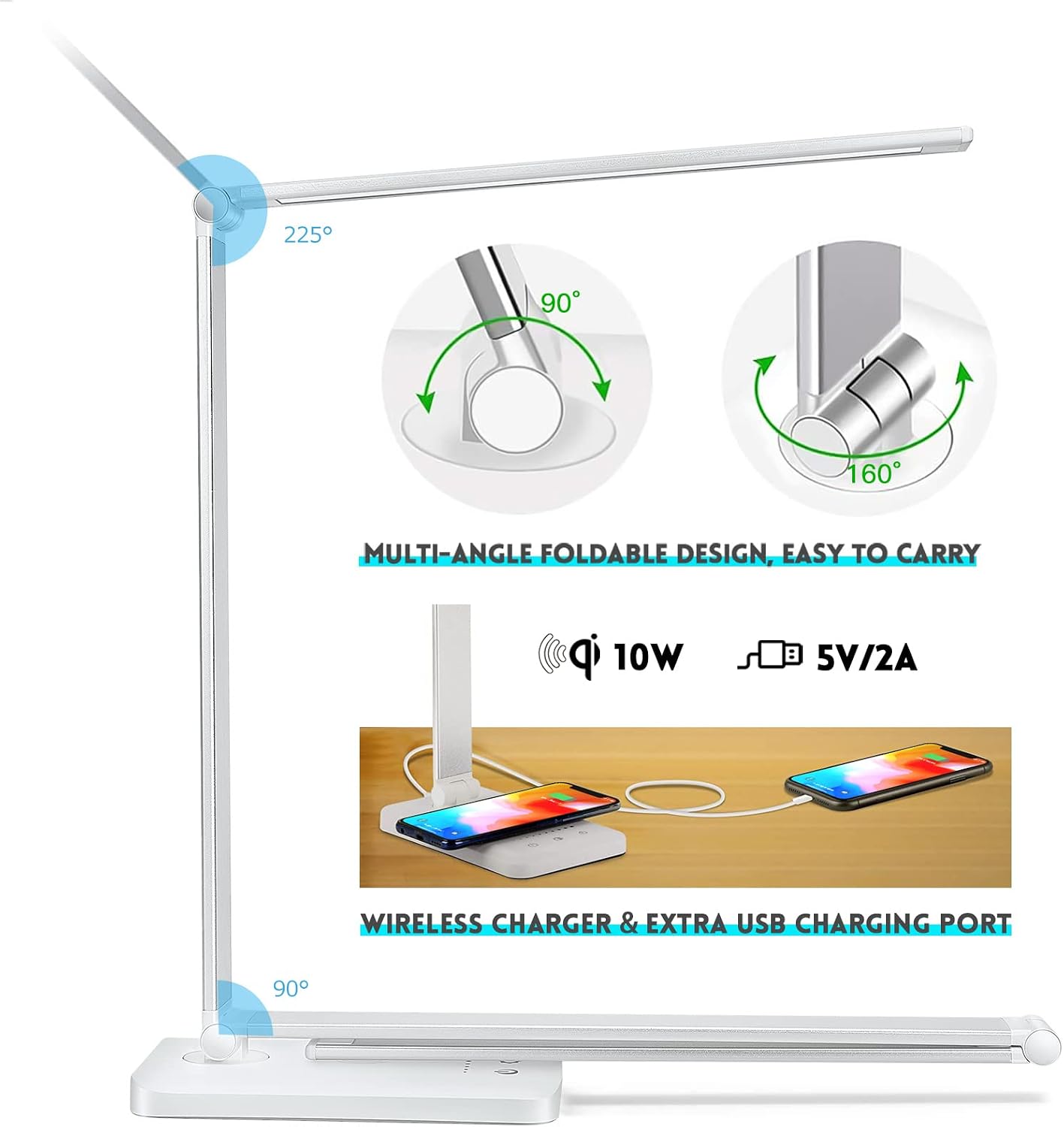 Jostic LED Desk Lamp with Wireless Charger, USB Charging Port, Desk Light with 10 Brightness, 5 Color Modes, Dimmable Eye Caring Reading De…