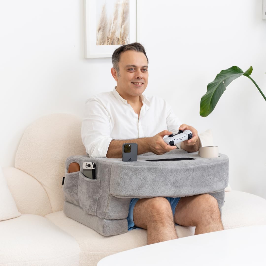 Reading Pillow for Gaming – Extra Large Lap Desk & Arm Rest with Cup & Phone Holder, Adjustable Heights, Laptop Support, Large Pockets –…