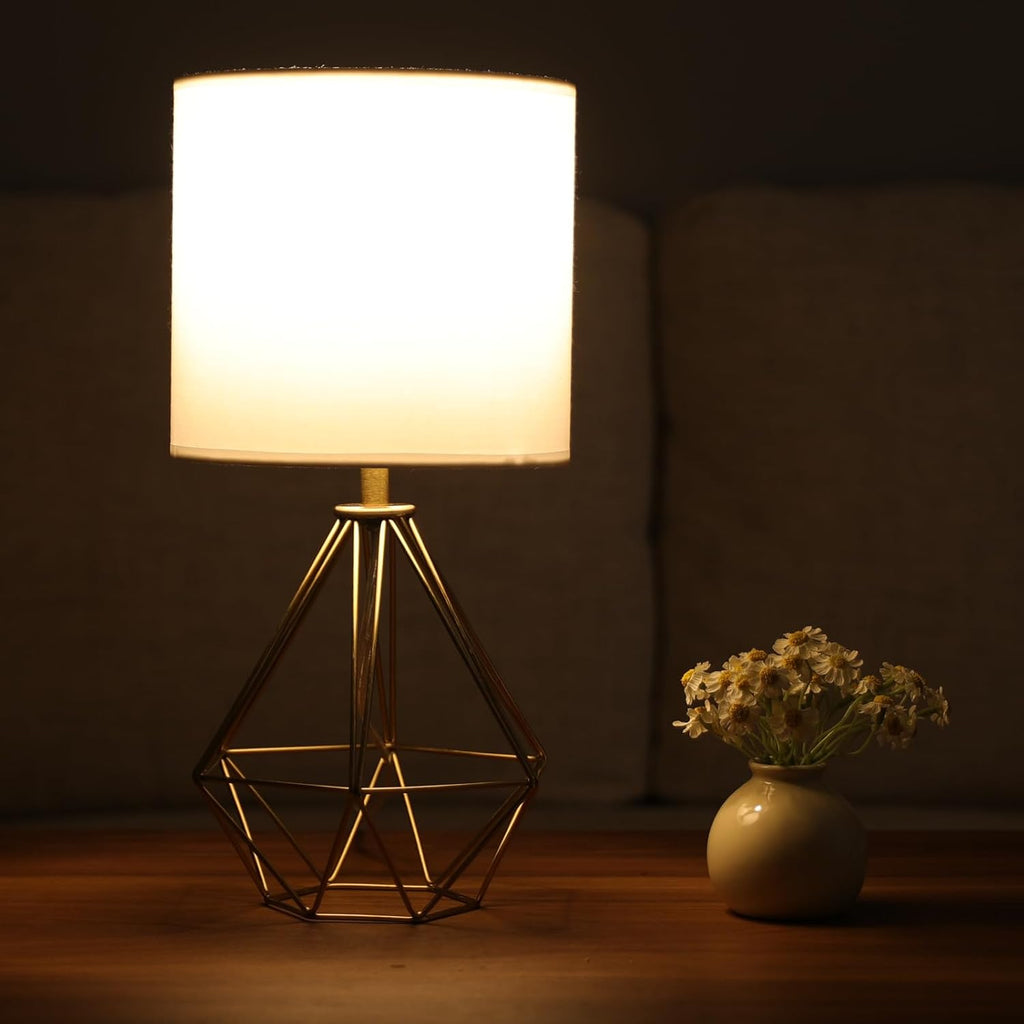 Gold Modern Small Table Lamp for Bedroom & Living Room - Geometric Metal Base, White Fabric Shade, Ideal for Bedside & Kids' Desk…