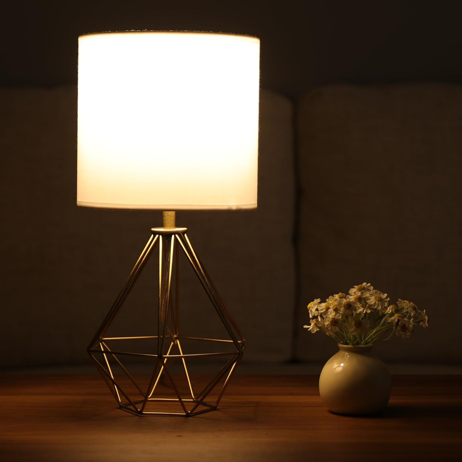 Gold Modern Small Table Lamp for Bedroom & Living Room - Geometric Metal Base, White Fabric Shade, Ideal for Bedside & Kids' Desk…