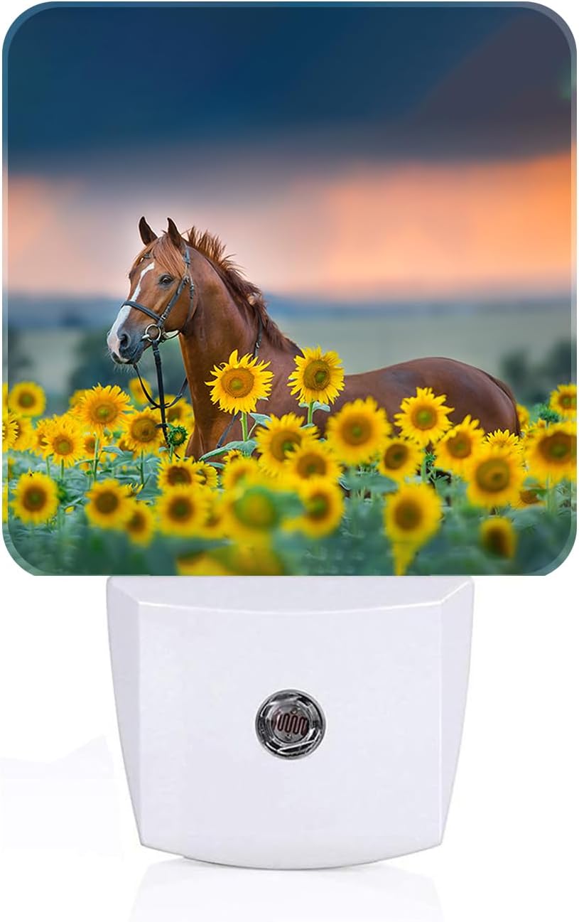 Sunflower Farm Animal Horses Night Light, Plug Into Wall with Dusk to Dawn Light Sensors, Warm Nightlights for Bedroom, Bathroom, Hallway…